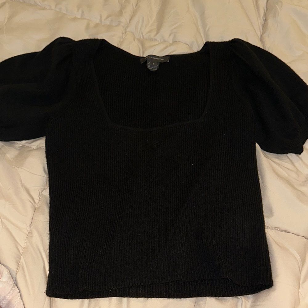 French Connection Black Puff-Sleeve Square-Neck Crop Top